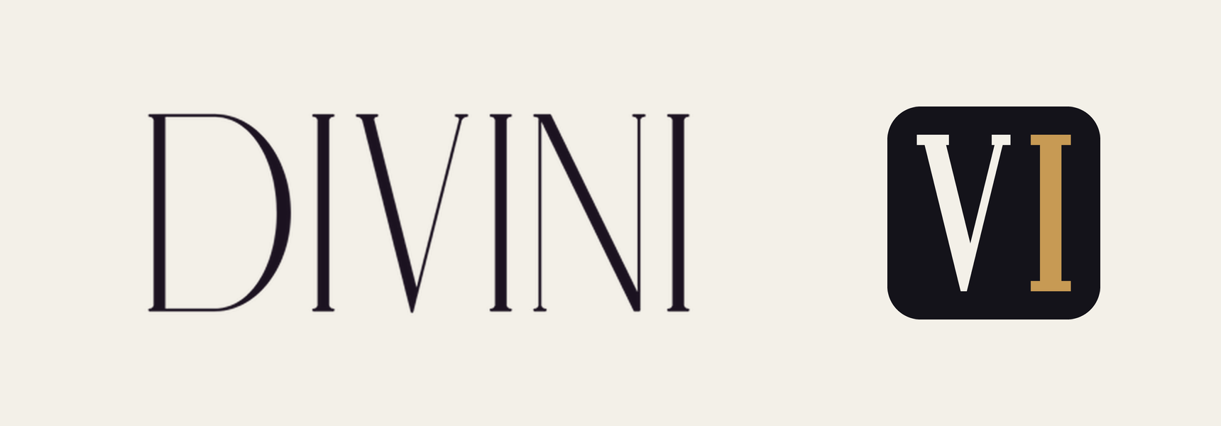 The Divini wordmark in ink on a pale ground, beside the mark: the numeral VI in white and gold on a dark tile
